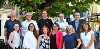 Volksbank im Bergischen feiert ihre Jubilare Die Volksbank-Jubilare und ihre Gratulanten: vordere Reihe von links Hanna Koch, Christina Enter, Gudrun Löwer, Silvia Borlinghaus, Ludmilla Boos und Silke Funke; hintere Reihe von links Personalchef Thomas Willczek, Vorstandsvorsitzender Andreas Otto, Mike Fahlenbock, Vorstandsmitglied Christian Fried und Daniel Fischer. Beim Fototermin konnten nicht alle Jubilare dabei sein. Foto: Volksbank/Bettina Osswald