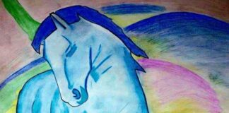 Jugendamt lädt zum Malwettbewerb im Stil von Franz Marc ein Spielmobilmitarbeiter Erion Diku hat das bekannte Ölgemälde "Blaues Pferd", das sich in einem Münchener Kunstmuseum befindet, für den Malwettbewerb nachgezeichnet. Foto: Stadt Ratingen