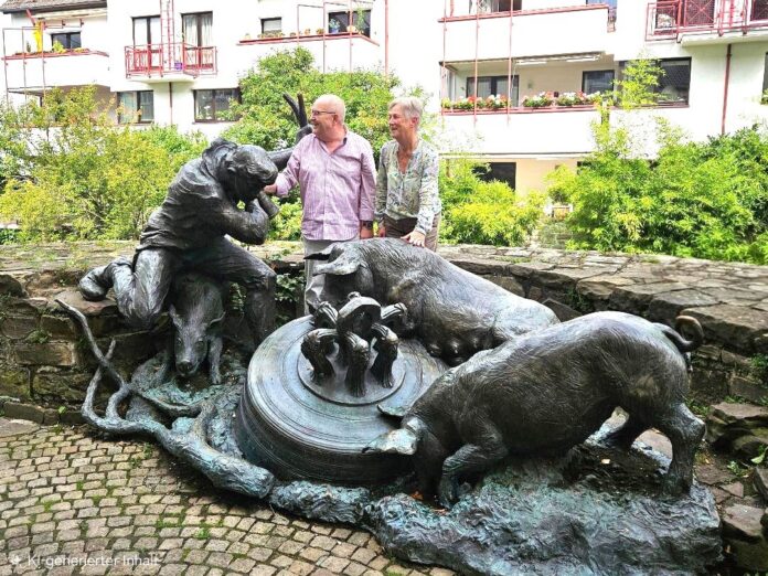2026-09-24Schweinehirt-Denkmal Die Vorlesepaten Marie-Theres Eppner und Dieter Gerigk befassen sich mit lokalen Sagen. Das Verkeshirdendenkmal erinnert an die Geschichte vom Auffinden der Marienglocke „Märch“ durch den Schweinehirten und seine Tiere. Foto: Stadt Ratingen