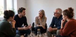 Selbsthilfegruppen bieten die Möglichkeit, sich mit anderen Betroffenen auszutauschen und neue Wege zum Umgang mit den aktuellen Herausforderungen zu entwickeln. Foto: Kaiserswerther Diakonie/ KI generiert