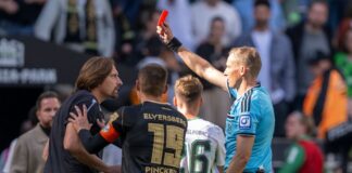 Elversberg-Coach nach Gelb-Rot: «Es war stiller Protest» Martin Petersen zeigt Trainer Vincent Wagner die Gelb-Rote Karte.