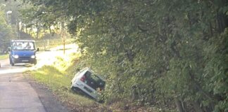 Mann mit Schusswaffe überfällt Ratinger Supermarkt und setzt Fluchtauto in Graben Die Polizei konnte den flüchtigen VW am Kenter Weg ausfindig machen und den Tatverdächtigen stellen. Foto: Polizei