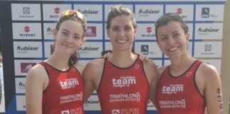 Ratinger Triathlon-Damen: „Mit Zusammenhalt, Ehrgeiz und Spirit in die neue Liga“ Annika Fischer, Florentine Exner-Anaç und Franziska Holl. Foto: TTR