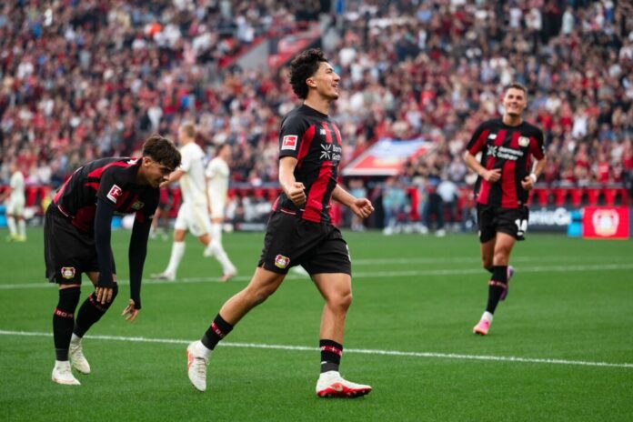 Bayer Leverkusen - 1. FC Union Berlin Leverkusens Ibrahim Maza jubelt über seinen Treffer zum 4:0.