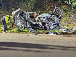 Tödlicher Crash: Mann und Frau sterben an Unfallstelle Ein Polizeibeamter untersucht das zerstörte Fahrzeug nach dem Unfall.