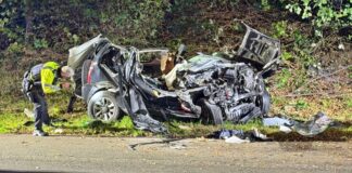 Tödlicher Crash: Mann und Frau sterben an Unfallstelle Ein Polizeibeamter untersucht das zerstörte Fahrzeug nach dem Unfall.