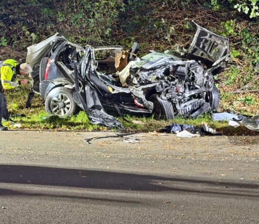 Tödlicher Crash: Mann und Frau sterben an Unfallstelle Ein Polizeibeamter untersucht das zerstörte Fahrzeug nach dem Unfall.