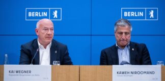 «Blamage ersparen»: Berlin begründet Olympia-Rückzug Berlins Regierender Bürgermeister Kai Wegner (l) und der Olympia-Beauftragte Kaweh Niroomand erklärten den Rückzug bei der Olympia-Bewerbung.