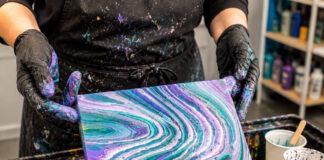„Acrylic Pouring“ am Zeittunnel Wülfrath Mit verschiedenen Techniken zaubern die Teilnehmer bunte Kunstwerke. Foto: privat