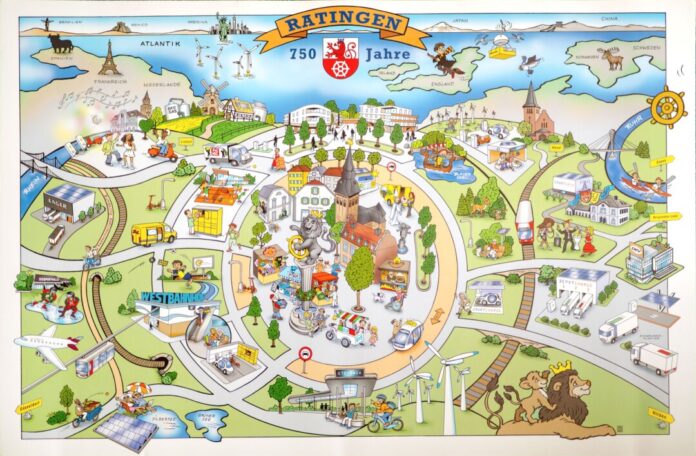 Wimmelbild_Stadtjubiläum Der Erlös aus dem Verkauf des Wimmelbildes kommt dem Ratinger Verein Allianz Bildung und Lernen e.V. zugute. Bild: Stadt Ratingen